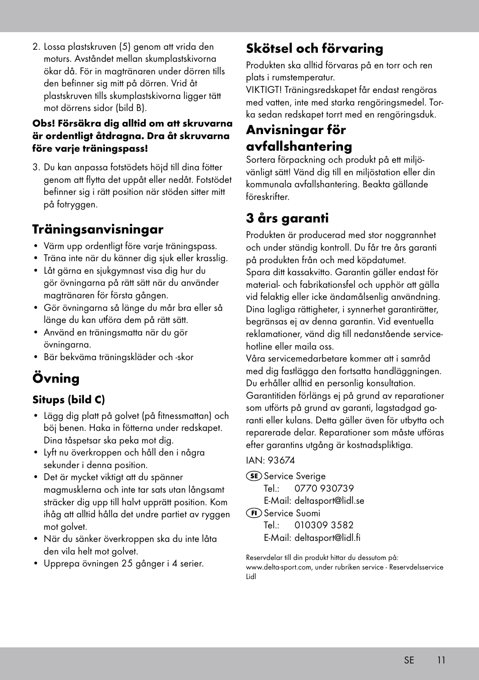 Träningsanvisningar, Övning, Skötsel och förvaring | Anvisningar för avfallshantering, 3 års garanti | Crivit Sit Up Trainer Situp User Manual | Page 11 / 24