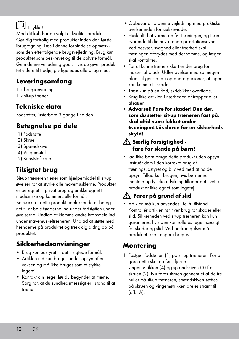 Leveringsomfang, Tekniske data, Betegnelse på dele | Tilsigtet brug, Sikkerhedsanvisninger, Montering | Crivit Sit Up Trainer Situp User Manual | Page 12 / 24