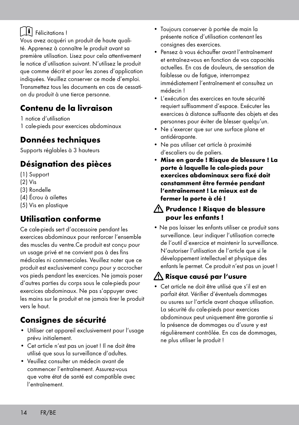 Contenu de la livraison, Données techniques, Désignation des pièces | Utilisation conforme, Consignes de sécurité | Crivit Sit Up Trainer Situp User Manual | Page 14 / 24