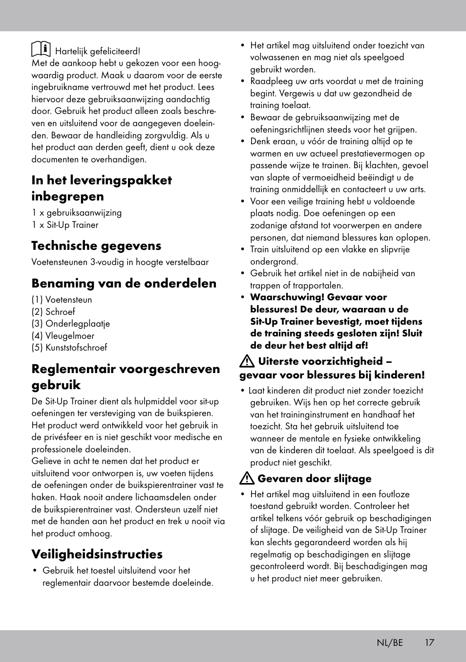 Technische gegevens, Benaming van de onderdelen, Reglementair voorgeschreven gebruik | Veiligheidsinstructies | Crivit Sit Up Trainer Situp User Manual | Page 17 / 24