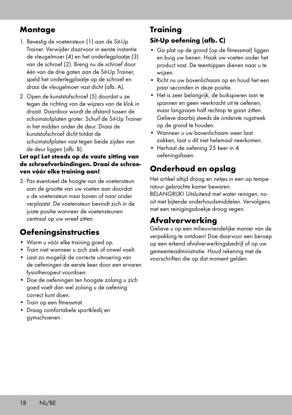 Montage, Oefeningsinstructies, Training | Onderhoud en opslag, Afvalverwerking | Crivit Sit Up Trainer Situp User Manual | Page 18 / 24