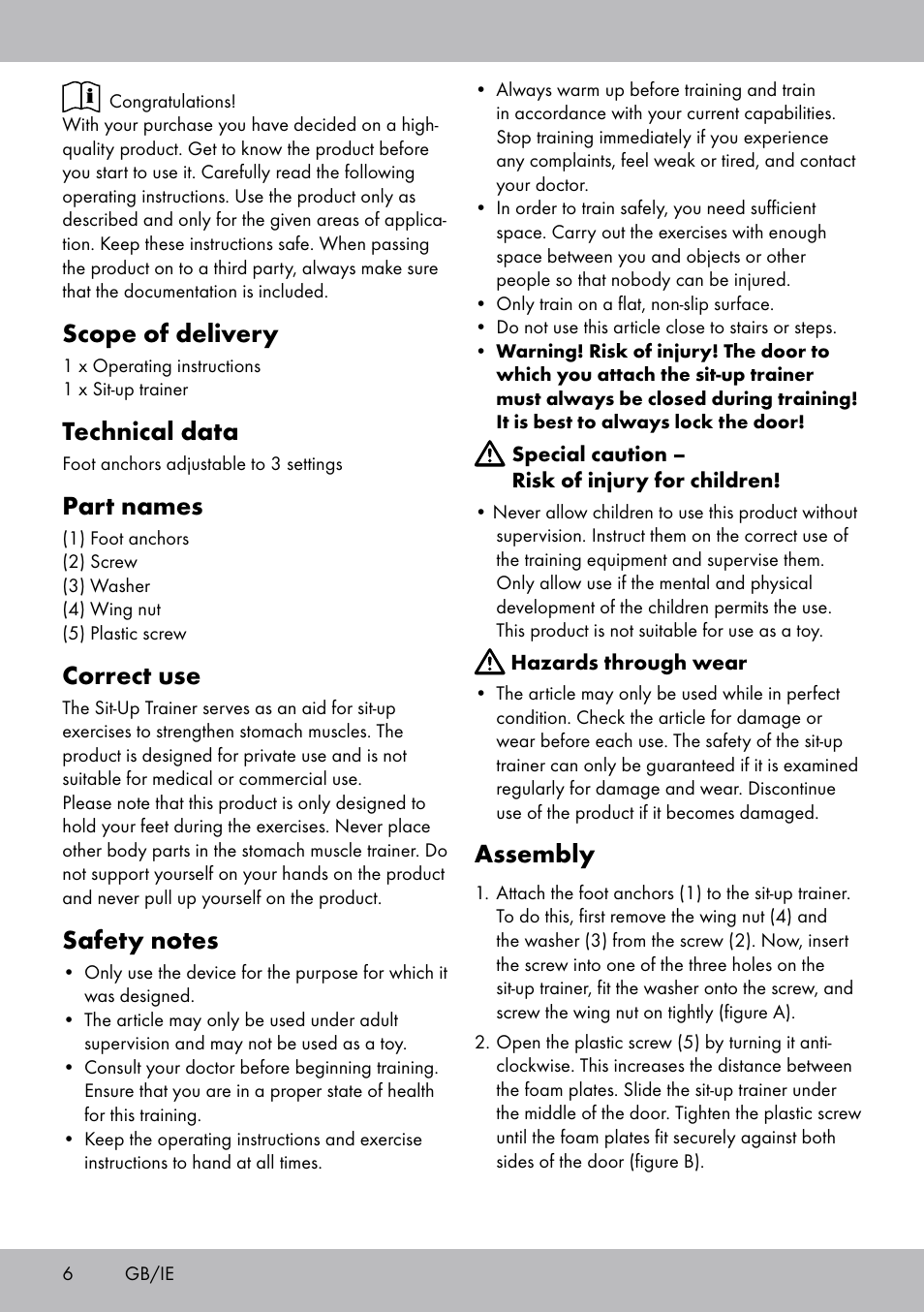 Scope of delivery, Technical data, Part names | Correct use, Assembly | Crivit Sit Up Trainer Situp User Manual | Page 6 / 24