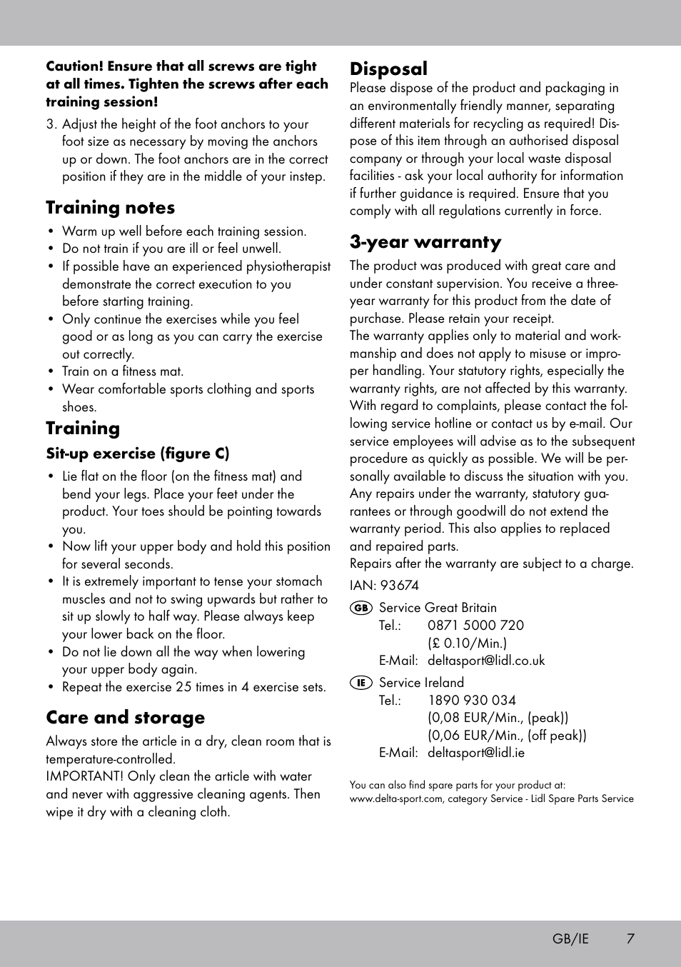 Training, Care and storage, Disposal | Year warranty | Crivit Sit Up Trainer Situp User Manual | Page 7 / 24