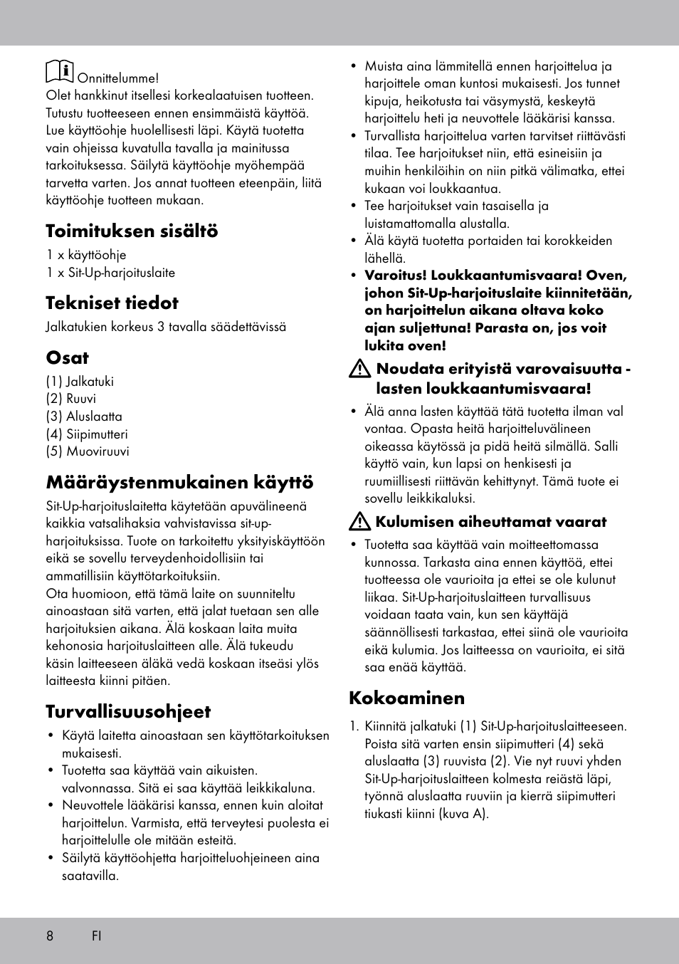 Toimituksen sisältö, Tekniset tiedot, Osat | Määräystenmukainen käyttö, Turvallisuusohjeet, Kokoaminen | Crivit Sit Up Trainer Situp User Manual | Page 8 / 24