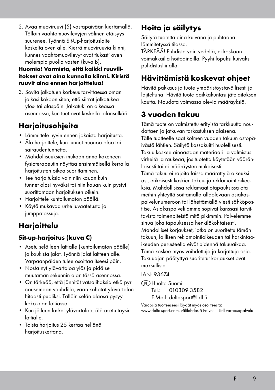 Harjoitusohjeita, Harjoittelu, Hoito ja säilytys | Hävittämistä koskevat ohjeet, 3 vuoden takuu | Crivit Sit Up Trainer Situp User Manual | Page 9 / 24