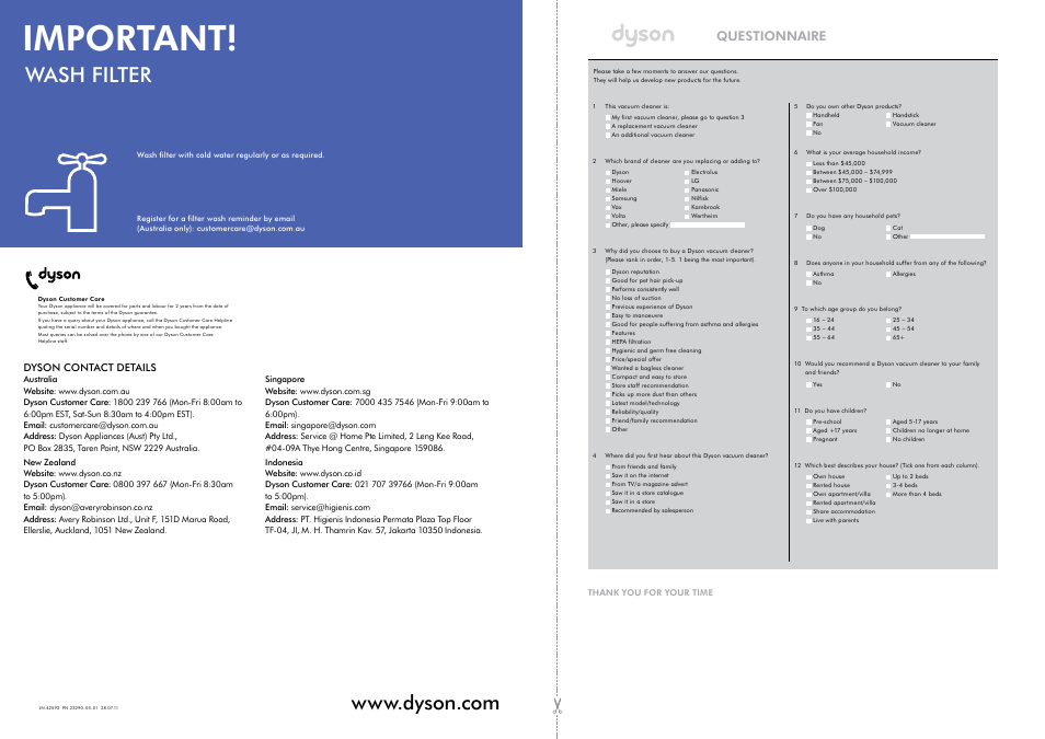 Important, Wash filter, Questionnaire | Dyson contact details | DYSON DC39 User Manual | Page 6 / 7