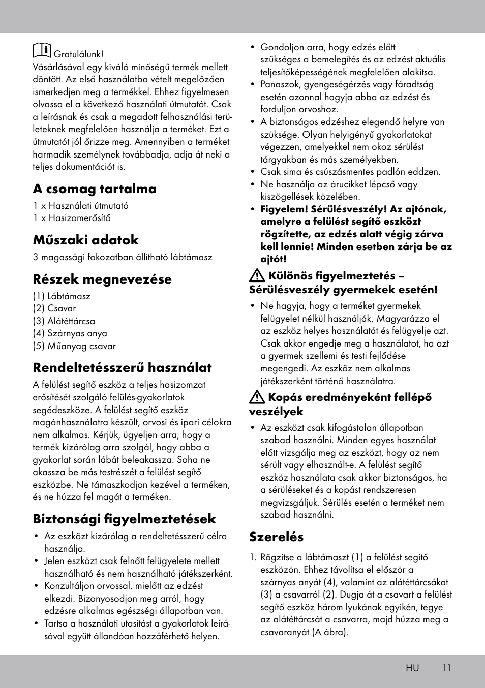 A csomag tartalma, Műszaki adatok, Részek megnevezése | Rendeltetésszerű használat, Biztonsági figyelmeztetések, Szerelés | Crivit Sit Up Trainer Situp User Manual | Page 11 / 24