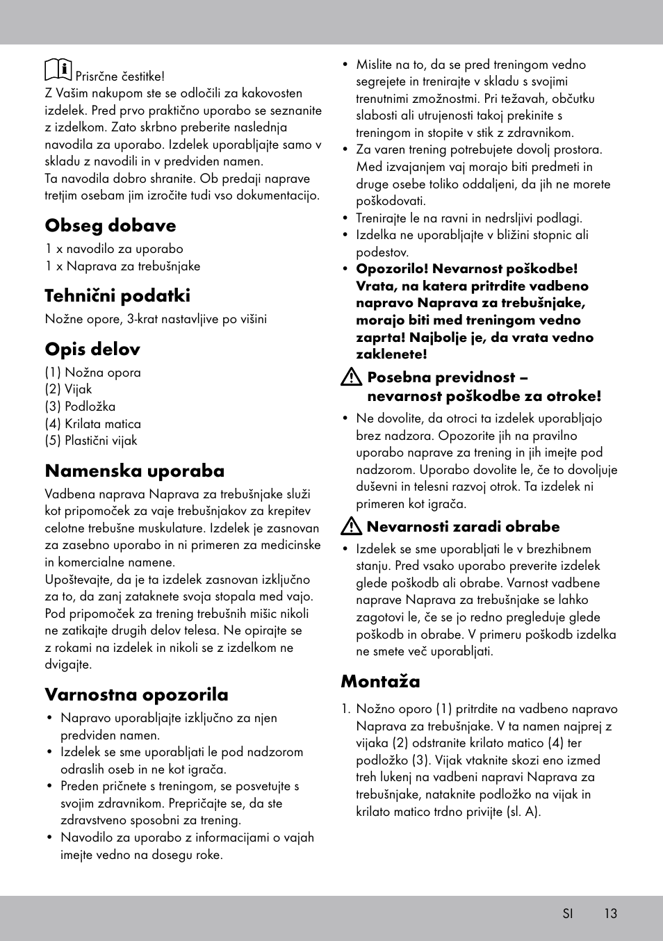 Obseg dobave, Tehnični podatki, Opis delov | Namenska uporaba, Varnostna opozorila, Montaža | Crivit Sit Up Trainer Situp User Manual | Page 13 / 24