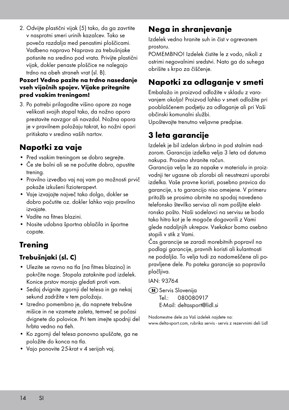 Napotki za vaje, Trening, Nega in shranjevanje | Napotki za odlaganje v smeti, 3 leta garancije | Crivit Sit Up Trainer Situp User Manual | Page 14 / 24