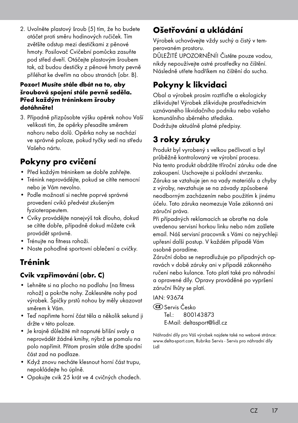 Pokyny pro cvičení, Trénink, Ošetřování a ukládání | Pokyny k likvidaci, 3 roky záruky | Crivit Sit Up Trainer Situp User Manual | Page 17 / 24