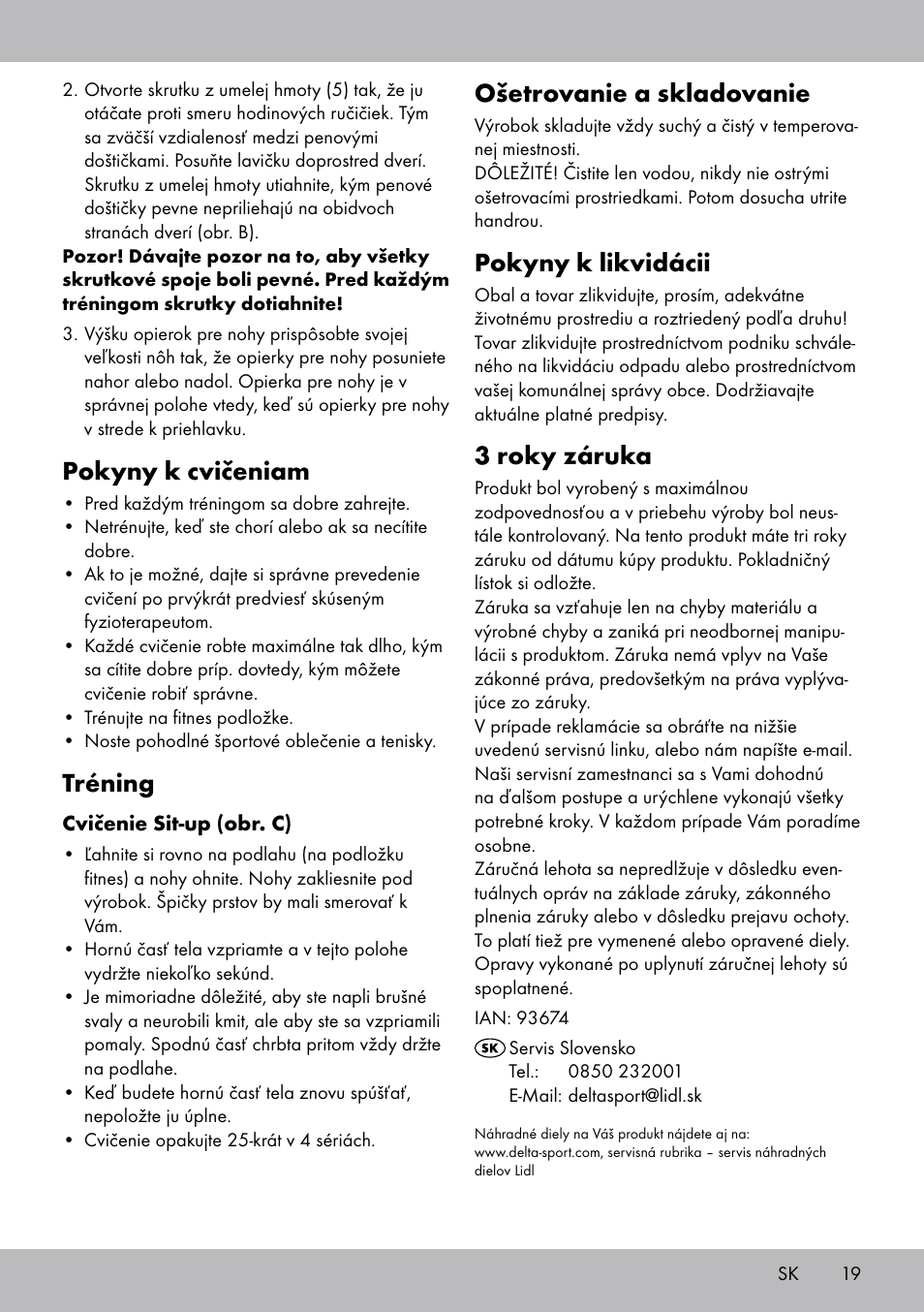 Pokyny k cvičeniam, Tréning, Ošetrovanie a skladovanie | Pokyny k likvidácii, 3 roky záruka | Crivit Sit Up Trainer Situp User Manual | Page 19 / 24