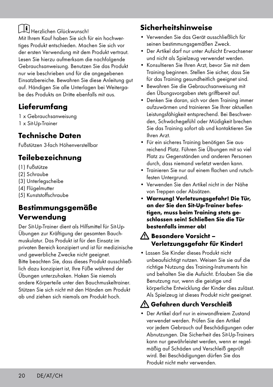 Lieferumfang, Technische daten, Teilebezeichnung | Bestimmungsgemäße verwendung, Sicherheitshinweise | Crivit Sit Up Trainer Situp User Manual | Page 20 / 24