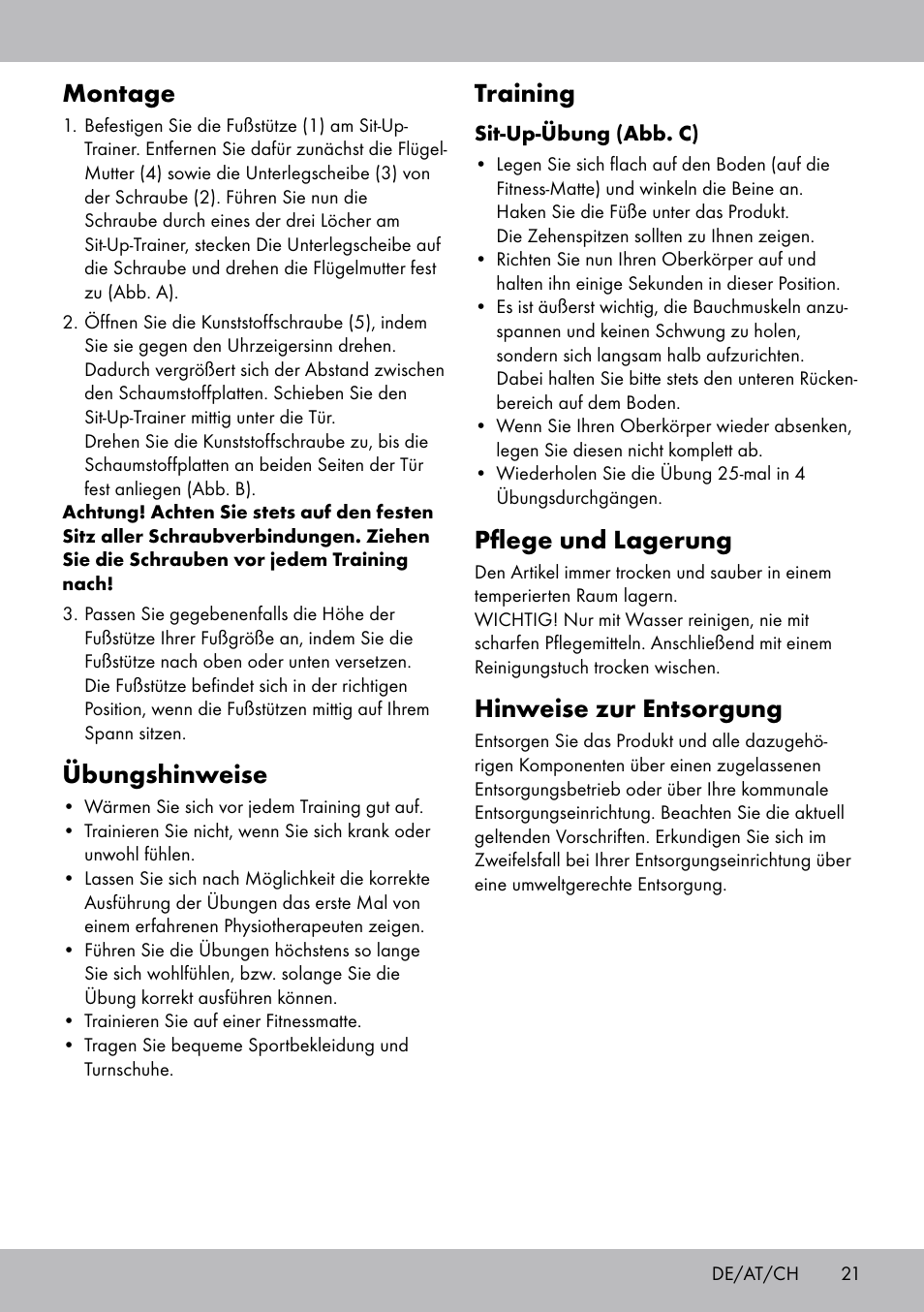 Montage, Übungshinweise, Training | Pflege und lagerung, Hinweise zur entsorgung | Crivit Sit Up Trainer Situp User Manual | Page 21 / 24