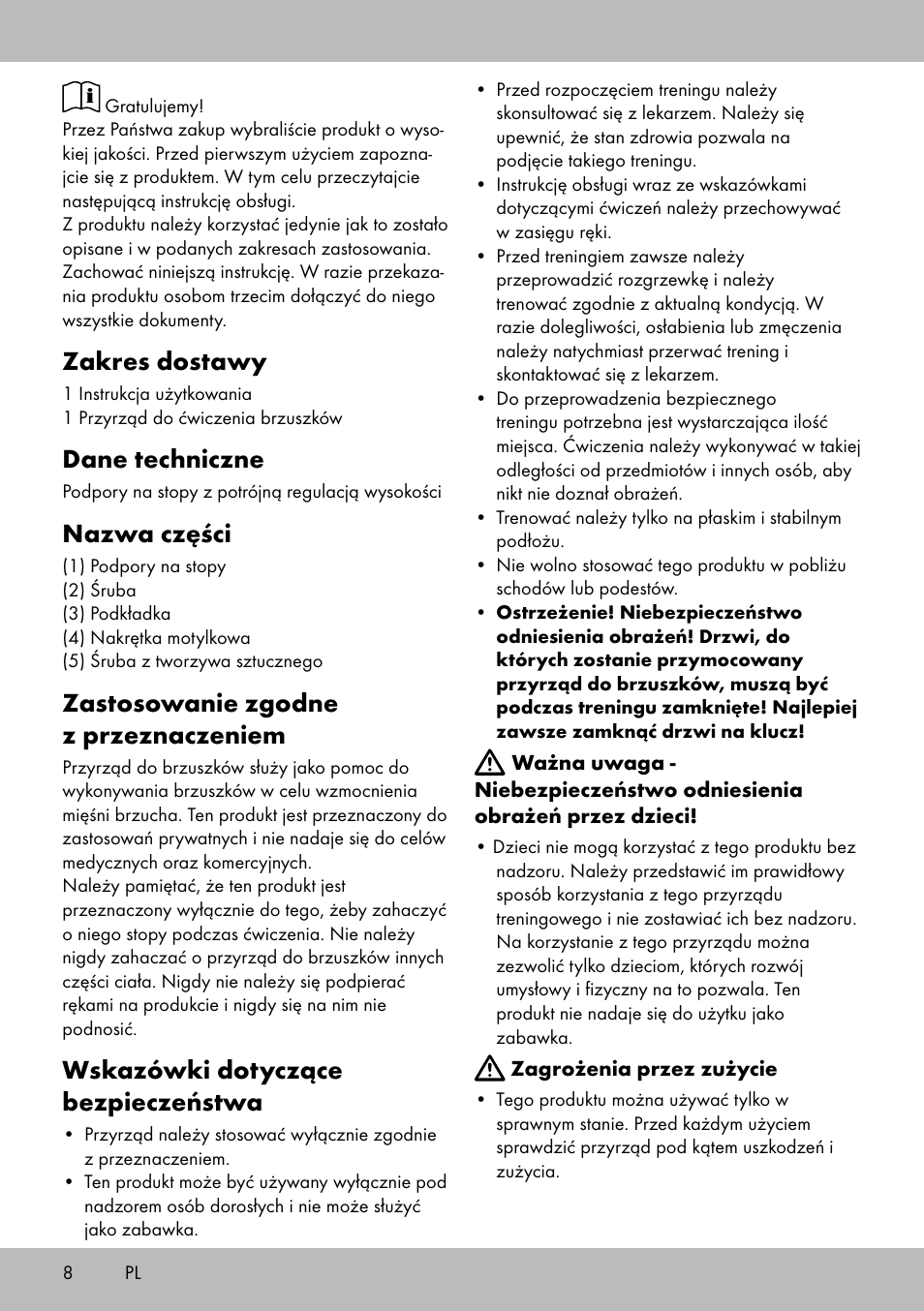 Zakres dostawy, Dane techniczne, Nazwa części | Zastosowanie zgodne z przeznaczeniem, Wskazówki dotyczące bezpieczeństwa | Crivit Sit Up Trainer Situp User Manual | Page 8 / 24