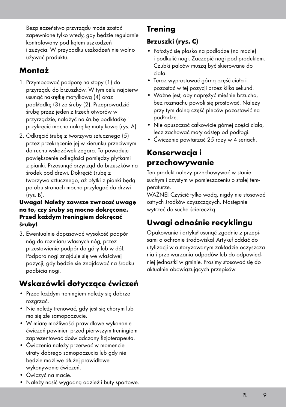 Montaż, Wskazówki dotyczące ćwiczeń, Trening | Konserwacja i przechowywanie, Uwagi odnośnie recyklingu | Crivit Sit Up Trainer Situp User Manual | Page 9 / 24