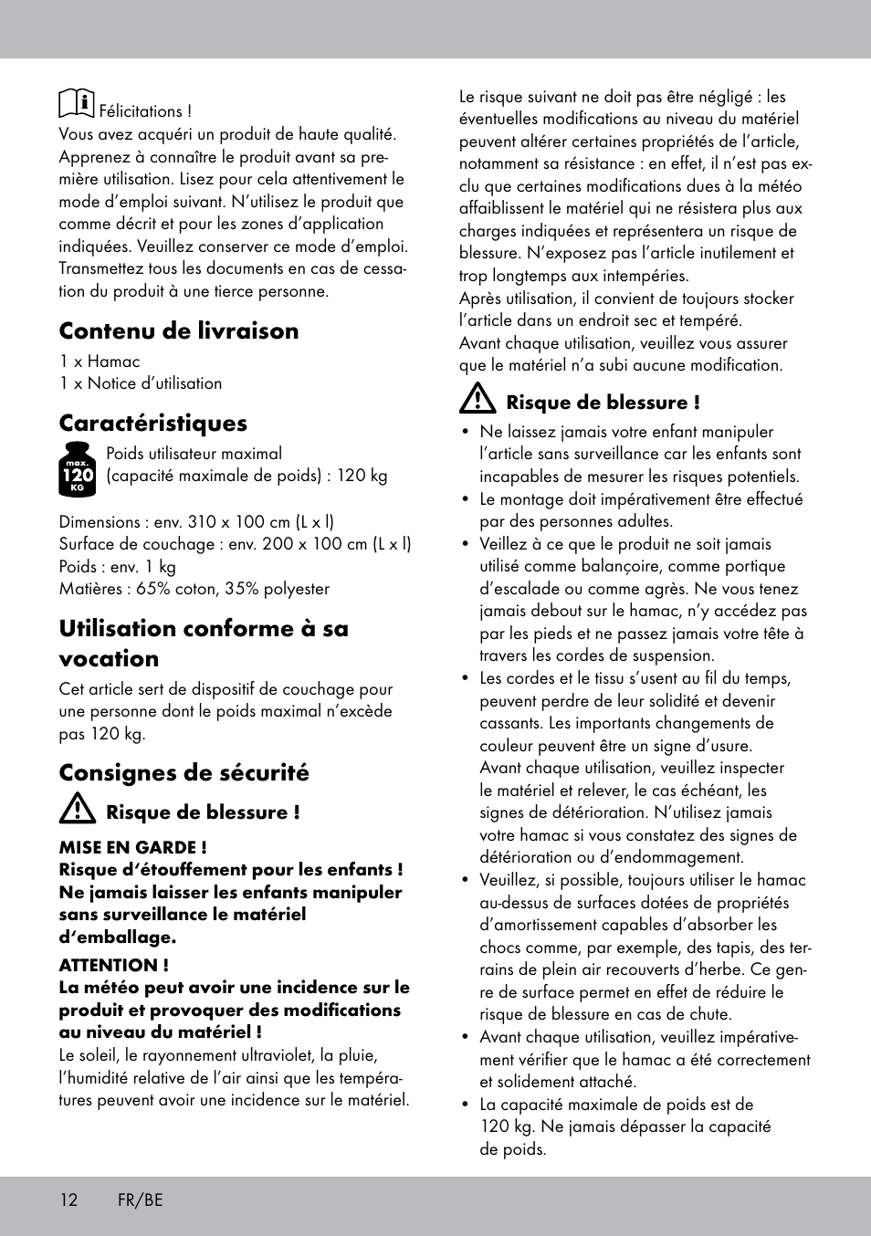 Contenu de livraison, Caractéristiques, Utilisation conforme à sa vocation | Consignes de sécurité | Crivit HM-1806 User Manual | Page 12 / 20