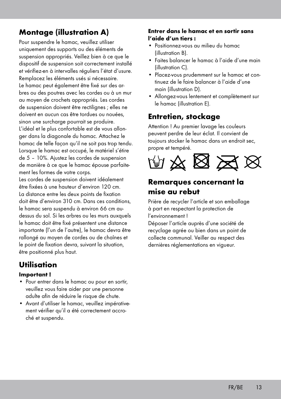 Entretien, stockage, Remarques concernant la mise au rebut, Montage (illustration a) | Utilisation | Crivit HM-1806 User Manual | Page 13 / 20