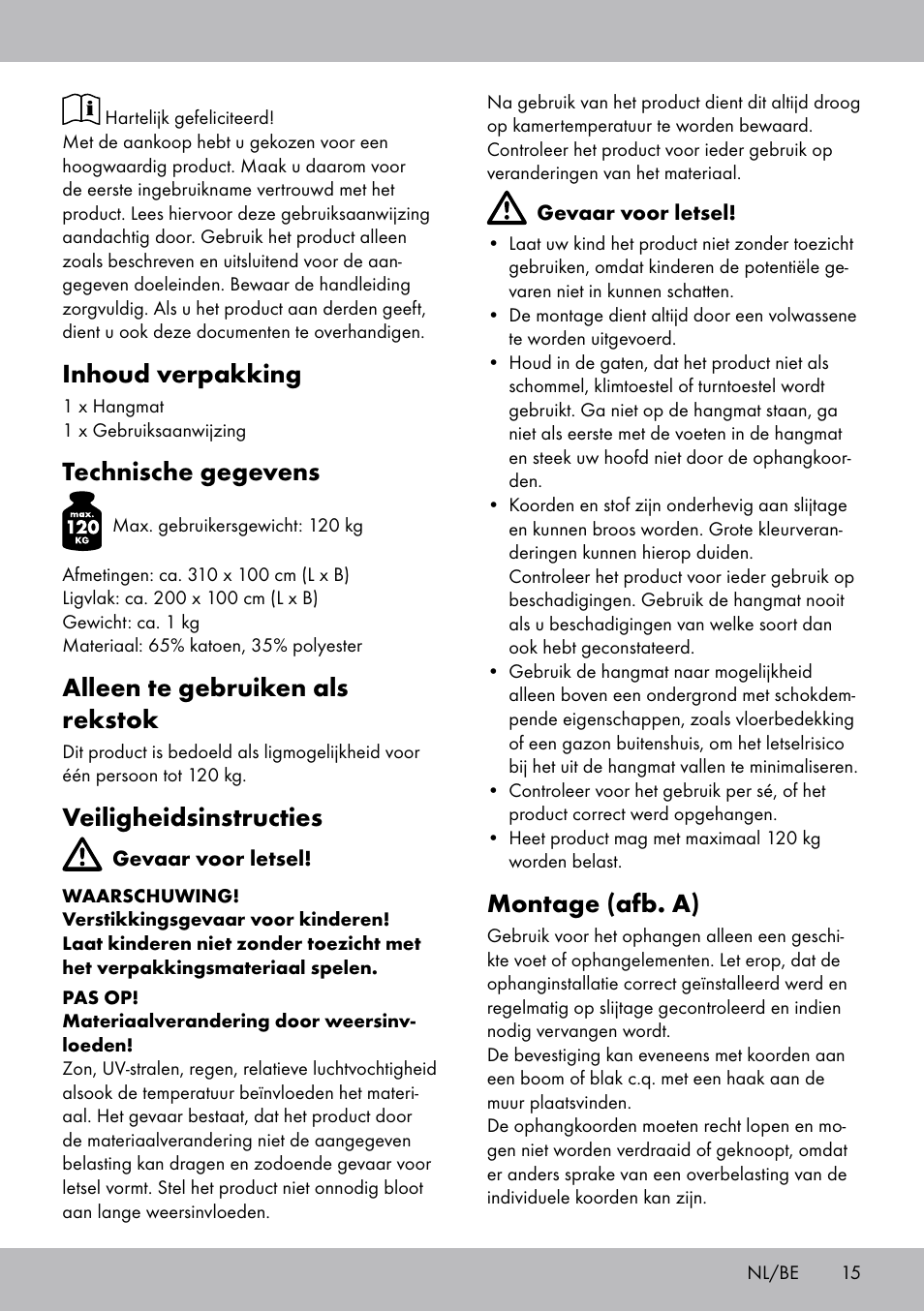 Inhoud verpakking, Technische gegevens, Alleen te gebruiken als rekstok | Veiligheidsinstructies, Montage (afb. a) | Crivit HM-1806 User Manual | Page 15 / 20