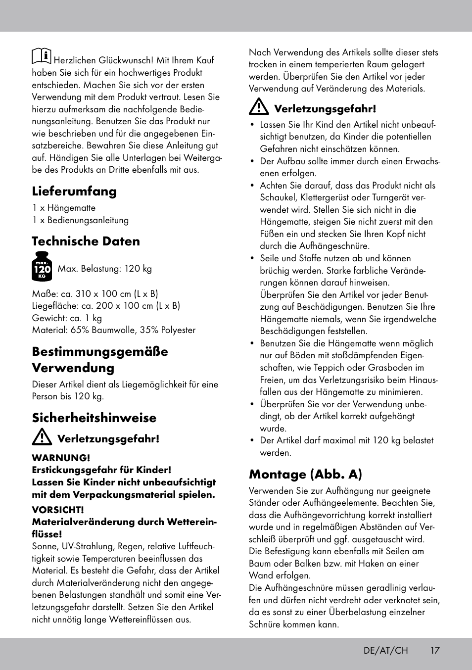 Lieferumfang, Technische daten, Bestimmungsgemäße verwendung | Sicherheitshinweise, Montage (abb. a) | Crivit HM-1806 User Manual | Page 17 / 20