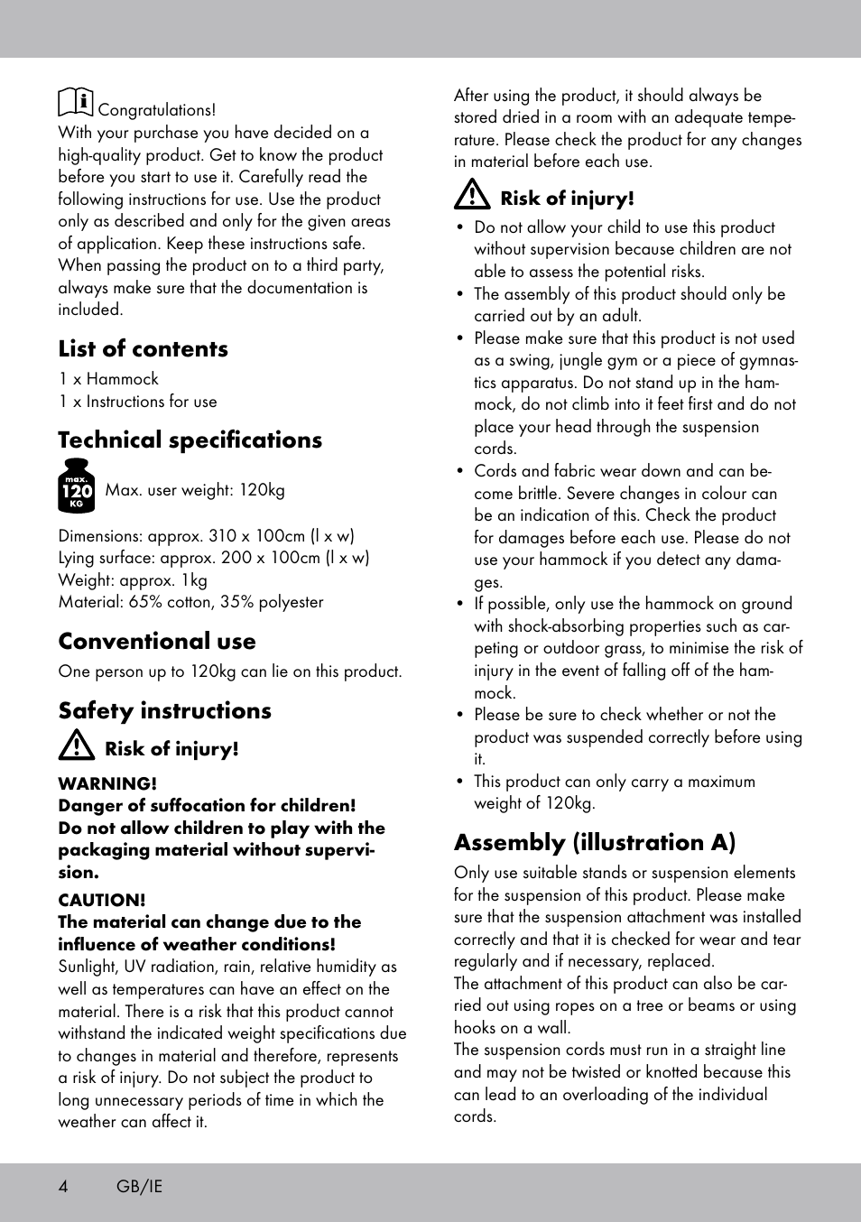 List of contents, Technical specifications, Conventional use | Safety instructions, Assembly (illustration a) | Crivit HM-1806 User Manual | Page 4 / 20