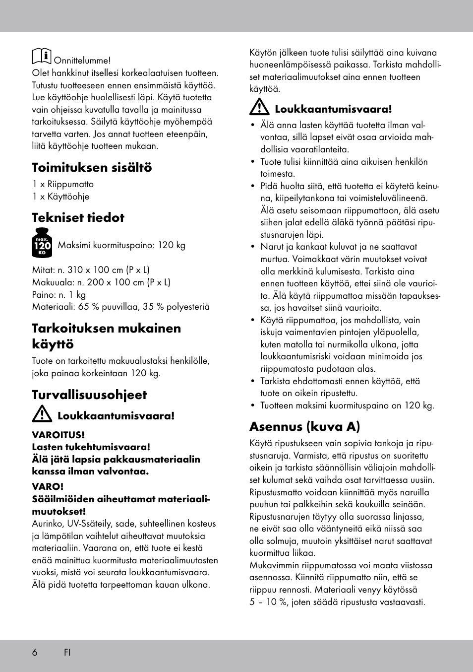 Toimituksen sisältö, Tekniset tiedot, Tarkoituksen mukainen käyttö | Turvallisuusohjeet, Asennus (kuva a) | Crivit HM-1806 User Manual | Page 6 / 20