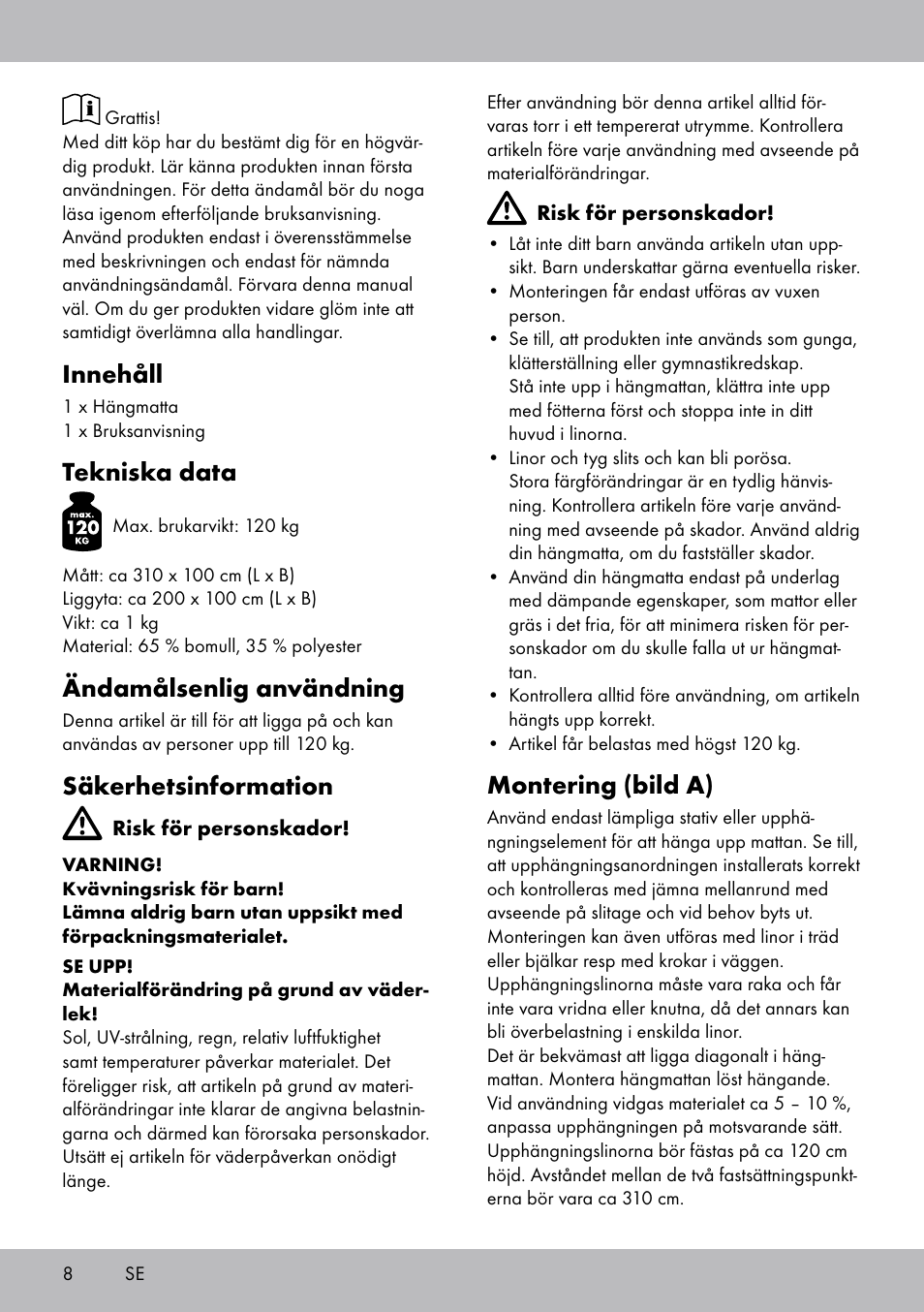 Innehåll, Tekniska data, Ändamålsenlig användning | Säkerhetsinformation, Montering (bild a) | Crivit HM-1806 User Manual | Page 8 / 20