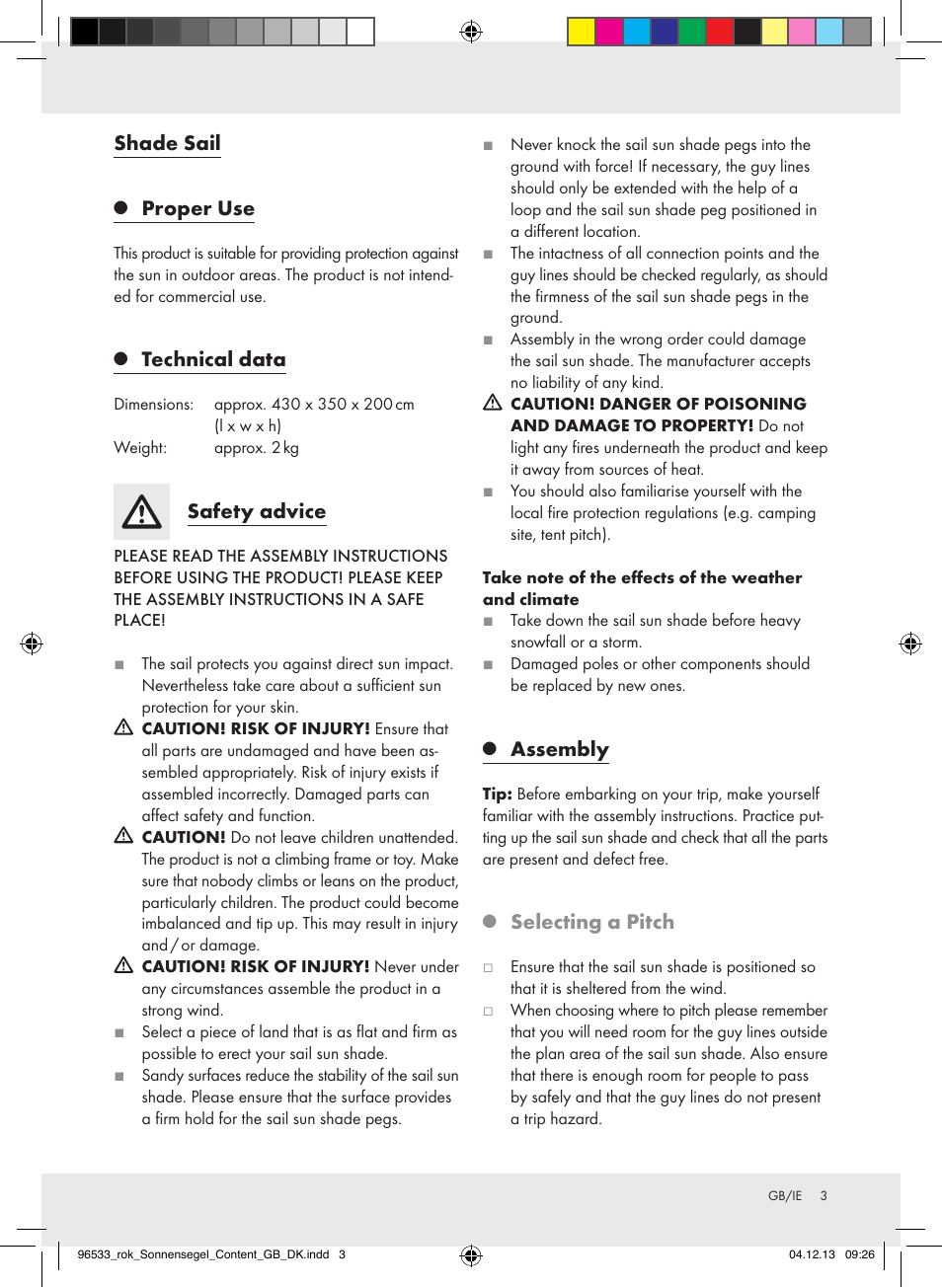 Shade sail, Proper use, Technical data | Safety advice, Assembly, Selecting a pitch | Crivit Z31394 User Manual | Page 3 / 9