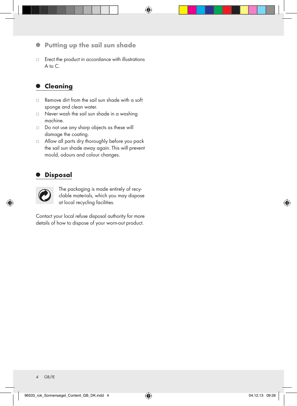 Putting up the sail sun shade, Cleaning, Disposal | Crivit Z31394 User Manual | Page 4 / 9