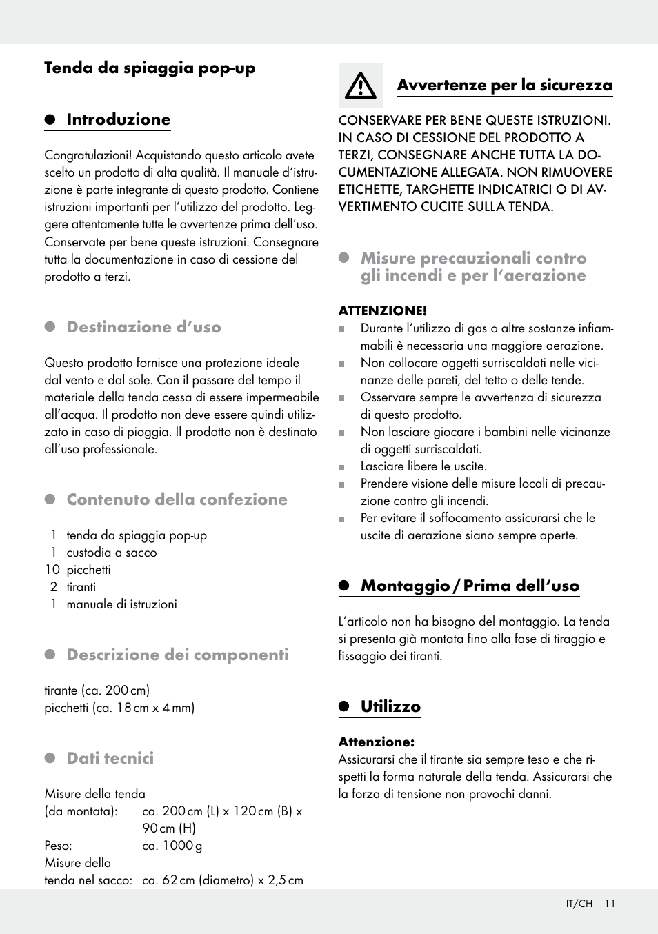 Tenda da spiaggia pop-up introduzione, Destinazione d’uso, Contenuto della confezione | Descrizione dei componenti, Dati tecnici, Avvertenze per la sicurezza, Montaggio / prima dell‘uso, Utilizzo | Crivit Pop-Up Beach Shelter User Manual | Page 11 / 20