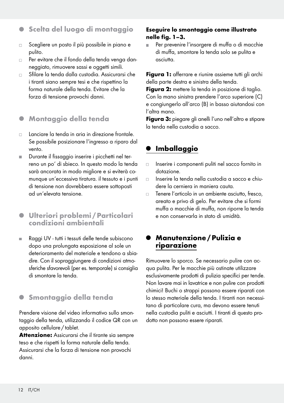 Scelta del luogo di montaggio, Montaggio della tenda, Smontaggio della tenda | Imballaggio, Manutenzione / pulizia e riparazione | Crivit Pop-Up Beach Shelter User Manual | Page 12 / 20