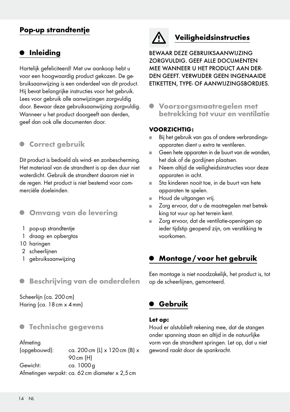 Pop-up strandtentje inleiding, Correct gebruik, Omvang van de levering | Beschrijving van de onderdelen, Technische gegevens, Veiligheidsinstructies, Montage / voor het gebruik, Gebruik | Crivit Pop-Up Beach Shelter User Manual | Page 14 / 20