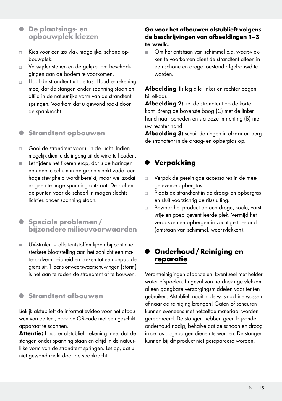 De plaatsings- en opbouwplek kiezen, Strandtent opbouwen, Speciale problemen / bijzondere milieuvoorwaarden | Strandtent afbouwen, Verpakking, Onderhoud / reiniging en reparatie | Crivit Pop-Up Beach Shelter User Manual | Page 15 / 20