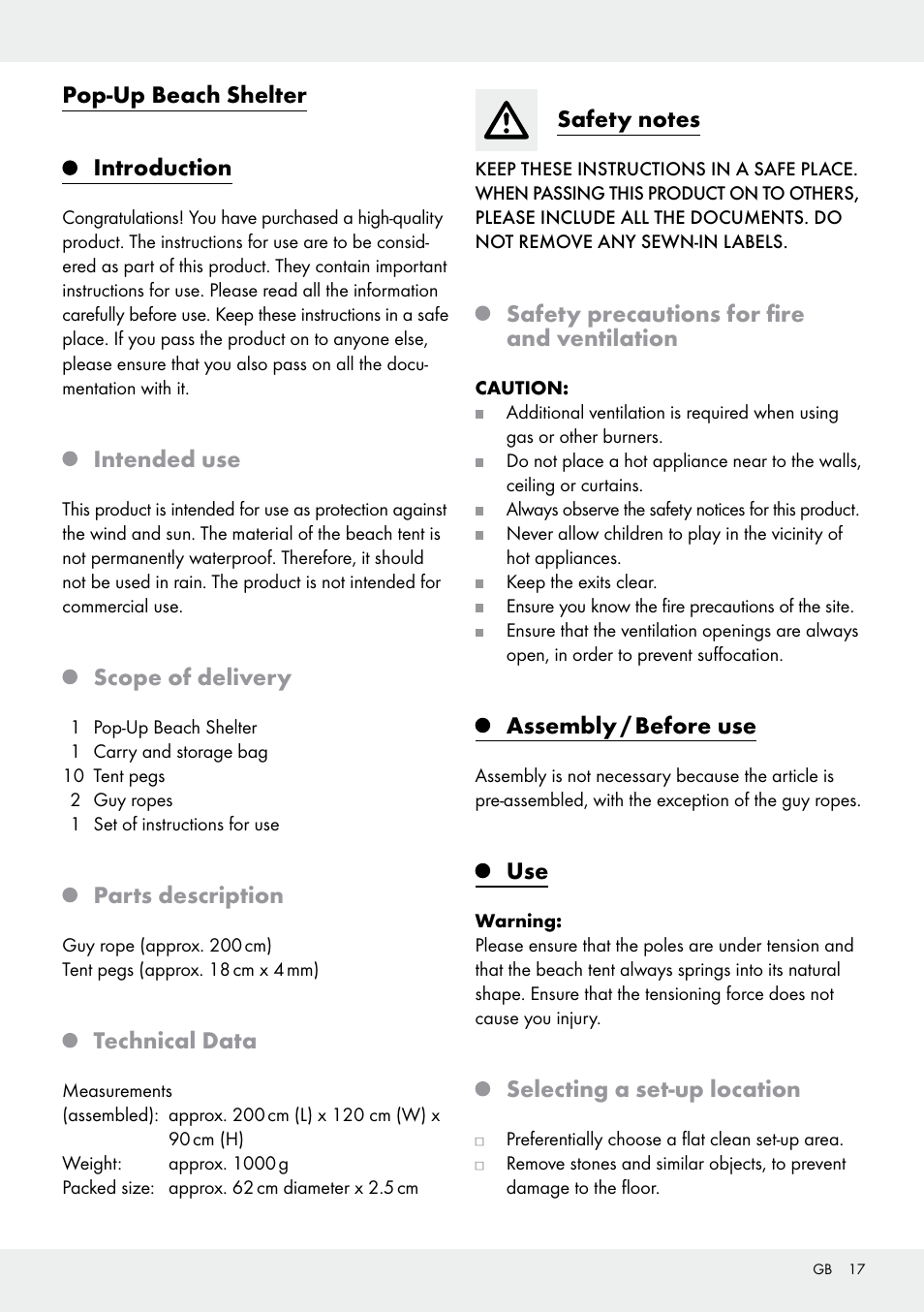 Pop-up beach shelter introduction, Intended use, Scope of delivery | Parts description, Technical data, Safety precautions for fire and ventilation, Assembly / before use, Selecting a set-up location | Crivit Pop-Up Beach Shelter User Manual | Page 17 / 20