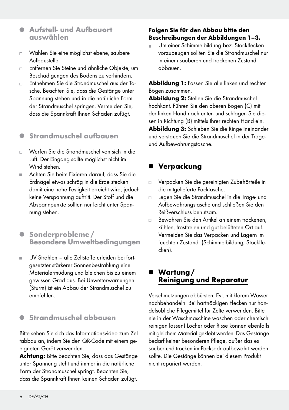 Aufstell- und aufbauort auswählen, Strandmuschel aufbauen, Sonderprobleme / besondere umweltbedingungen | Strandmuschel abbauen, Verpackung, Wartung / reinigung und reparatur | Crivit Pop-Up Beach Shelter User Manual | Page 6 / 20