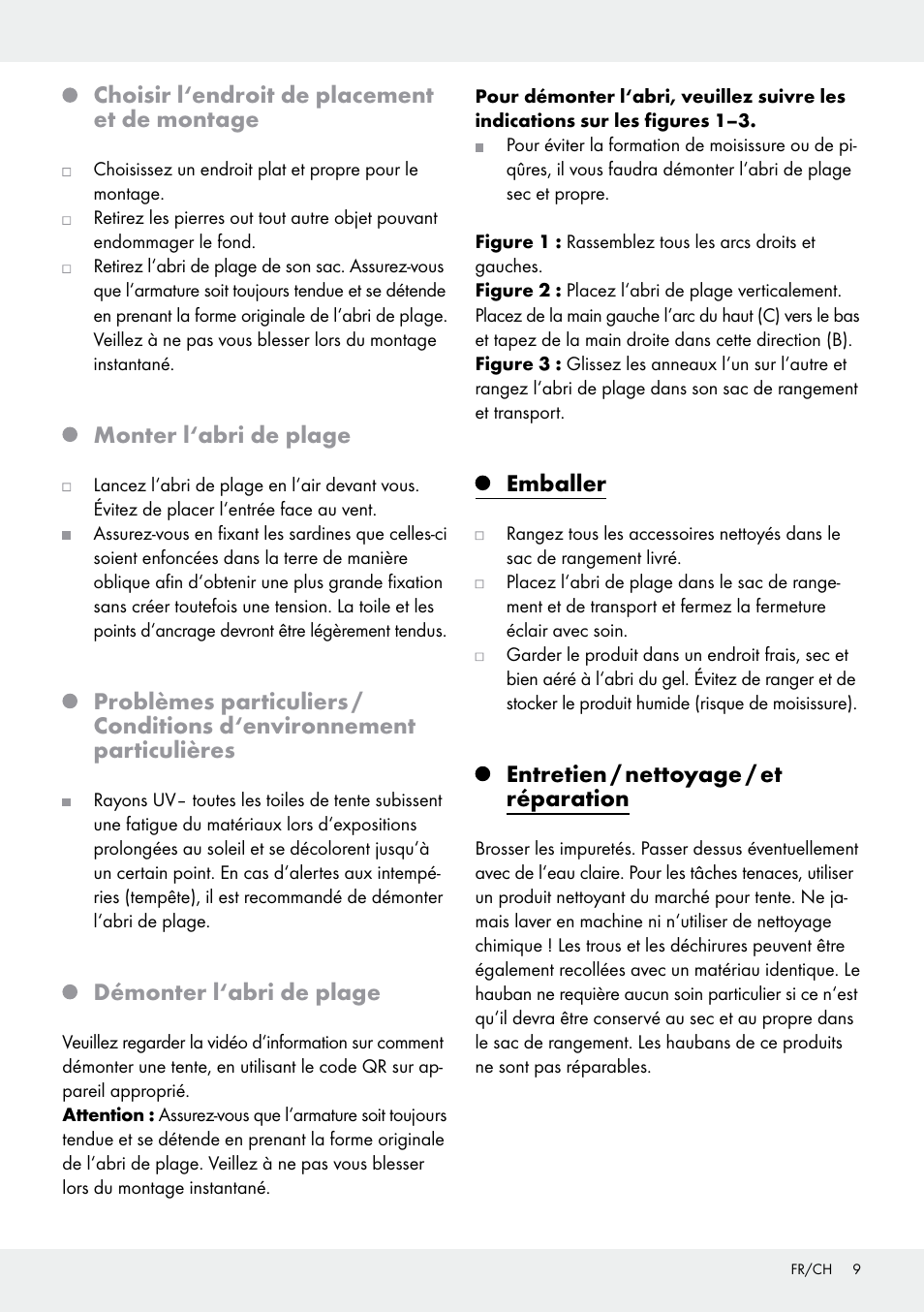 Choisir l‘endroit de placement et de montage, Monter l‘abri de plage, Démonter l‘abri de plage | Emballer, Entretien / nettoyage / et réparation | Crivit Pop-Up Beach Shelter User Manual | Page 9 / 20