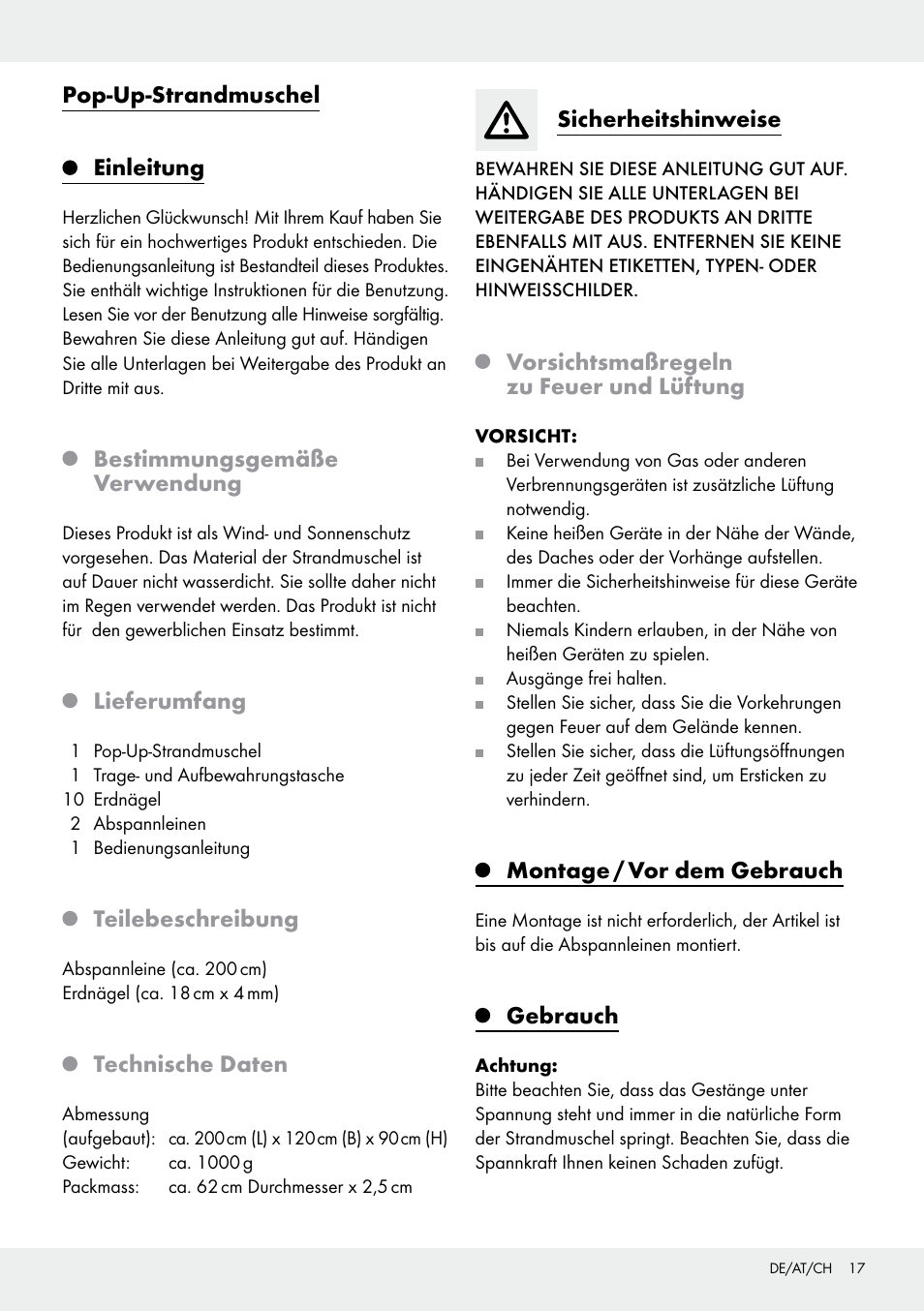 Pop-up-strandmuschel einleitung, Bestimmungsgemäße verwendung, Lieferumfang | Teilebeschreibung, Technische daten, Sicherheitshinweise, Vorsichtsmaßregeln zu feuer und lüftung, Montage / vor dem gebrauch, Gebrauch | Crivit Pop-Up Beach Shelter User Manual | Page 17 / 20