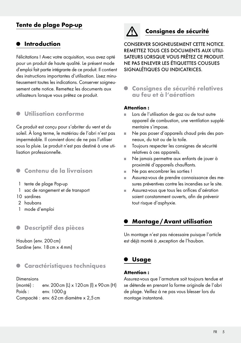 Tente de plage pop-up introduction, Utilisation conforme, Contenu de la livraison | Descriptif des pièces, Caractéristiques techniques, Consignes de sécurité, Montage / avant utilisation, Usage | Crivit Pop-Up Beach Shelter User Manual | Page 5 / 14