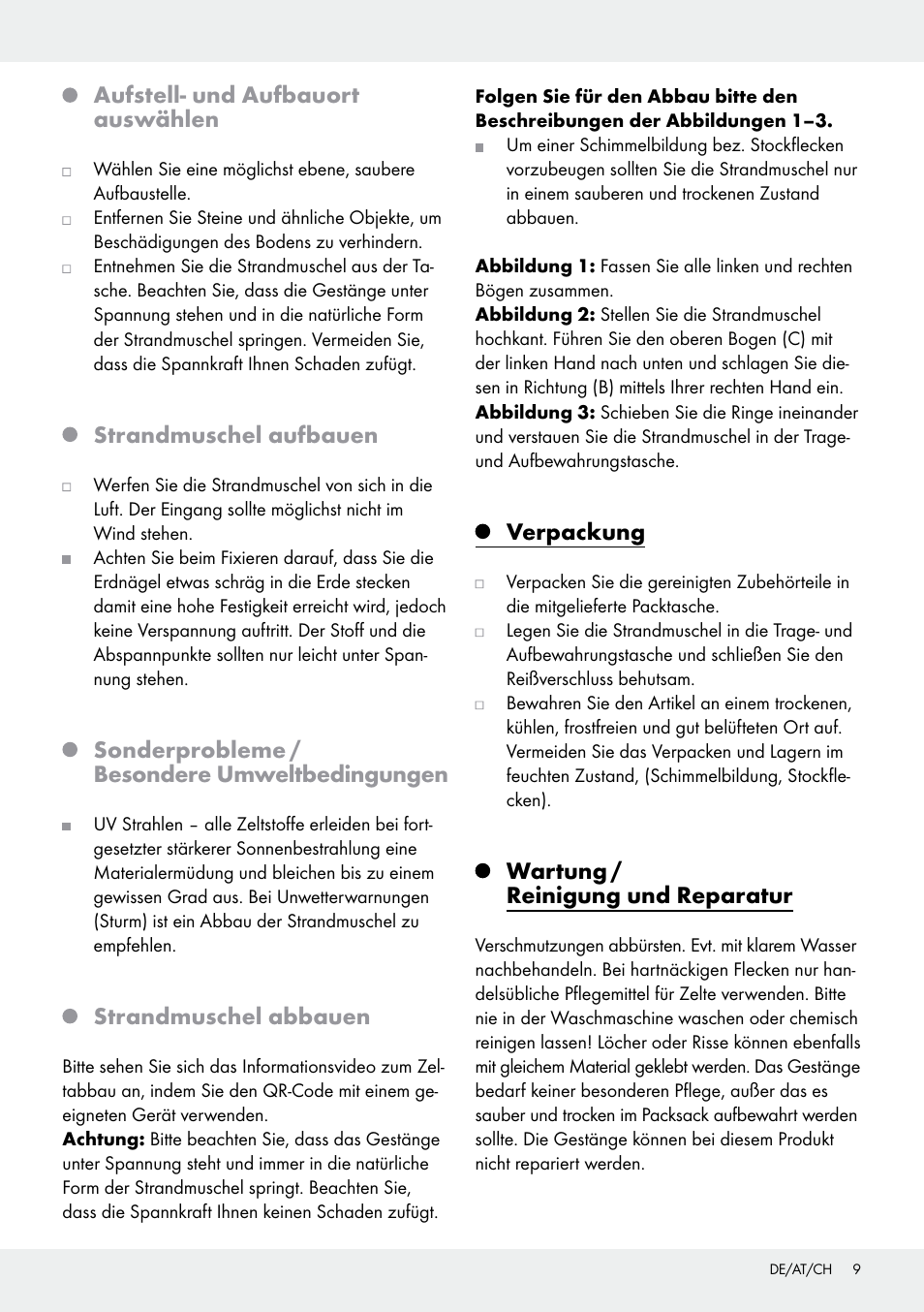 Aufstell- und aufbauort auswählen, Strandmuschel aufbauen, Sonderprobleme / besondere umweltbedingungen | Strandmuschel abbauen, Verpackung, Wartung / reinigung und reparatur | Crivit Pop-Up Beach Shelter User Manual | Page 9 / 14