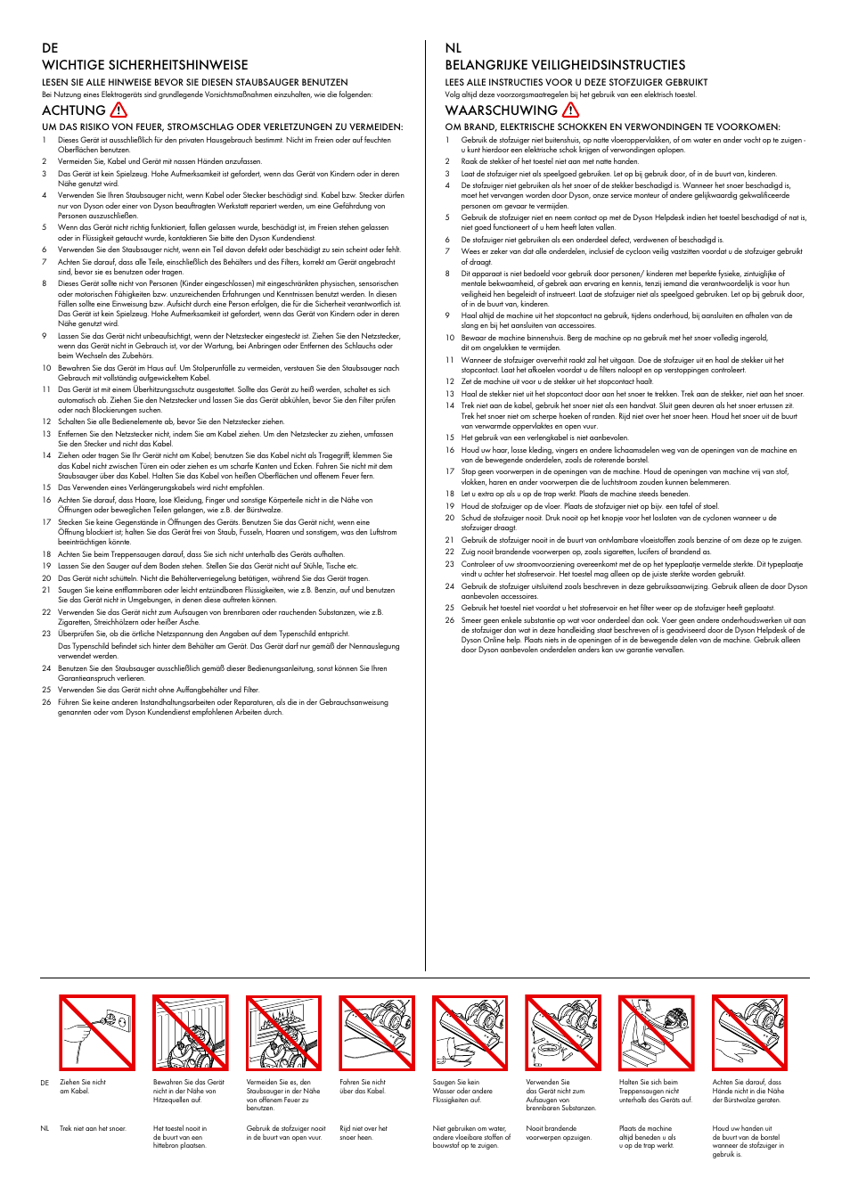 De wichtige sicherheitshinweise, Achtung, Nl belangrijke veiligheidsinstructies | Waarschuwing | DYSON ANIMALPRO DC23 User Manual | Page 4 / 24