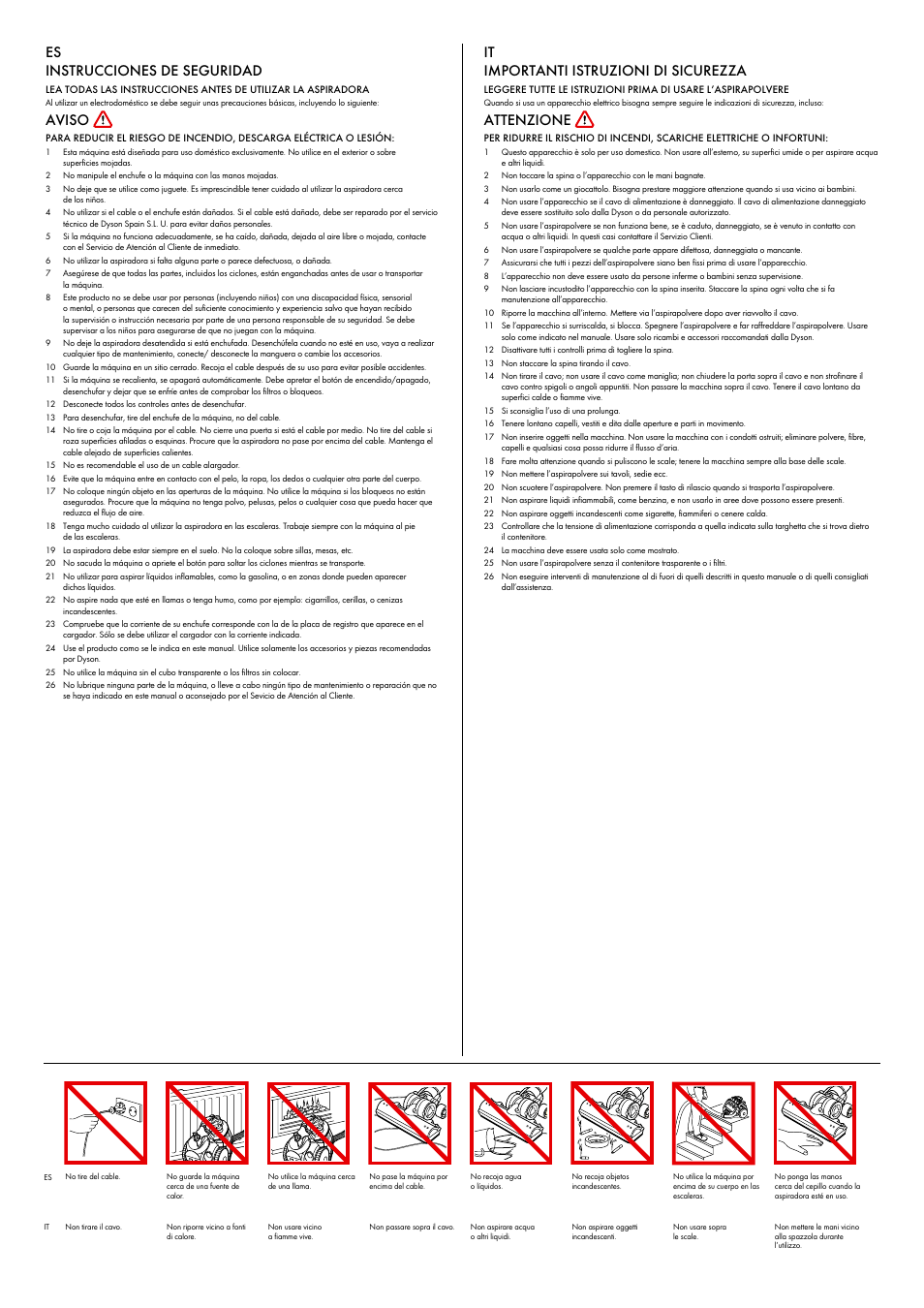 Es instrucciones de seguridad, Aviso, It importanti istruzioni di sicurezza | Attenzione | DYSON ANIMALPRO DC23 User Manual | Page 5 / 24
