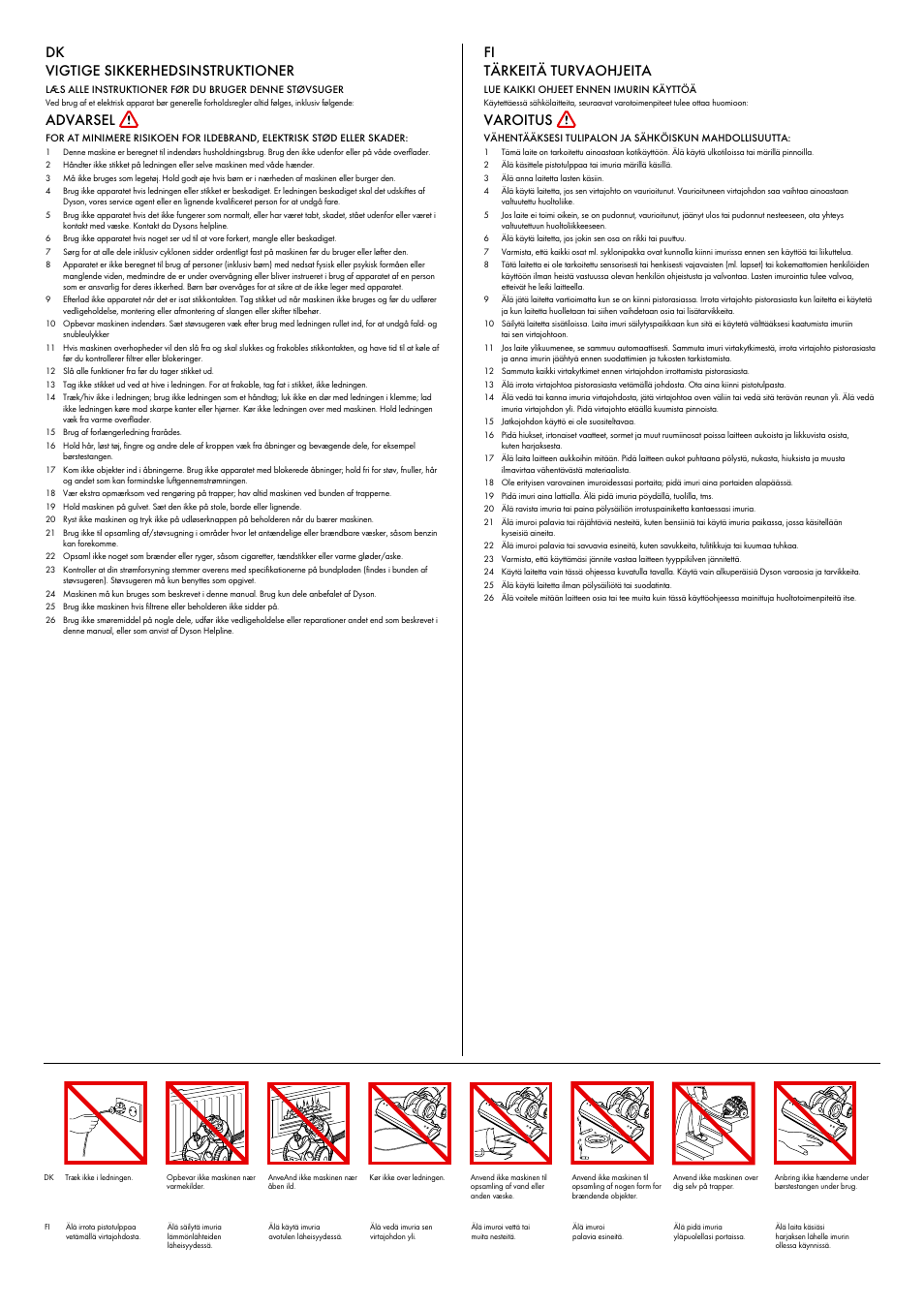 Dk vigtige sikkerhedsinstruktioner, Advarsel, Fi tärkeitä turvaohjeita | Varoitus | DYSON ANIMALPRO DC23 User Manual | Page 7 / 24
