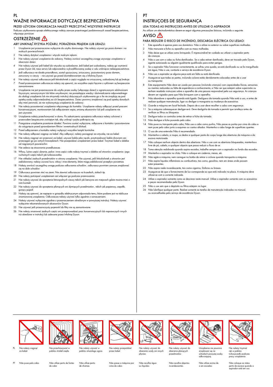 Pl ważne informacje dotyczące bezpieczeństwa, Ostrzeżenie, Pt instruçoes de segurança | Aviso | DYSON ANIMALPRO DC23 User Manual | Page 9 / 24
