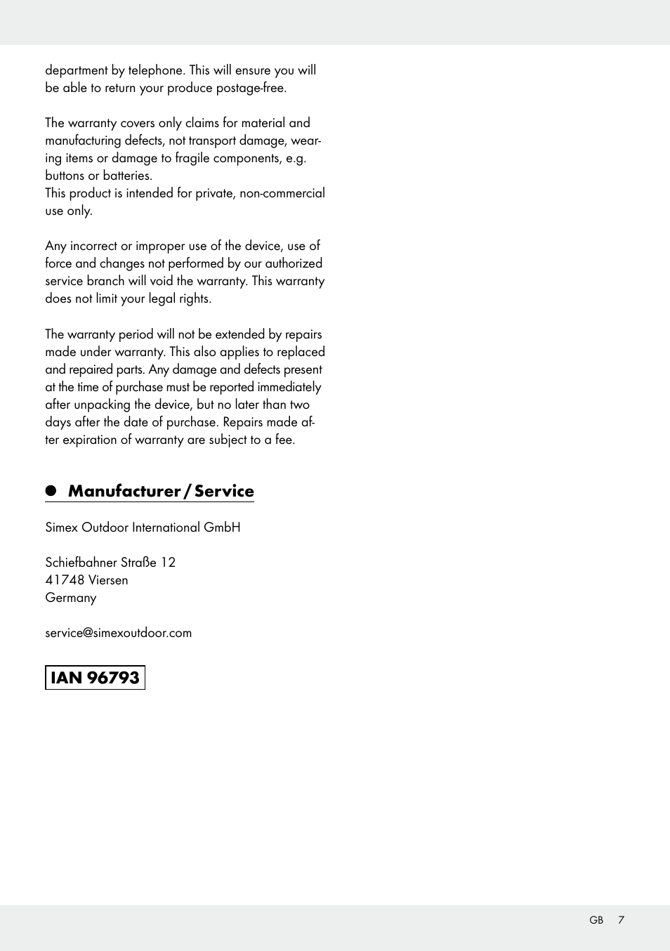 Manufacturer / service | Crivit Pop-Up Beach Shelter User Manual | Page 7 / 27