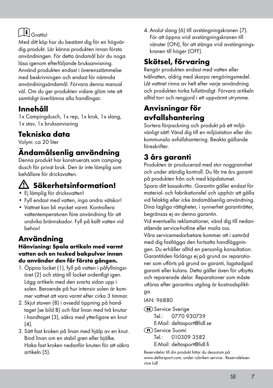 Innehåll, Tekniska data, Ändamålsenlig användning | Säkerhetsinformation, Användning, Skötsel, förvaring, Anvisningar för avfallshantering, 3 års garanti | Crivit CS-1802 User Manual | Page 5 / 14