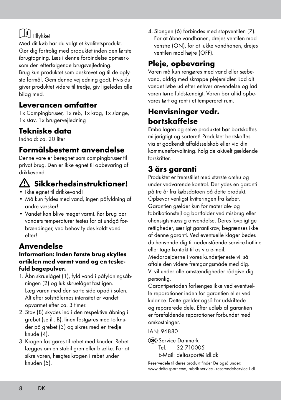 Leverancen omfatter, Tekniske data, Formålsbestemt anvendelse | Sikkerhedsinstruktioner, Anvendelse, Pleje, opbevaring, Henvisninger vedr. bortskaffelse, 3 års garanti | Crivit CS-1802 User Manual | Page 6 / 14