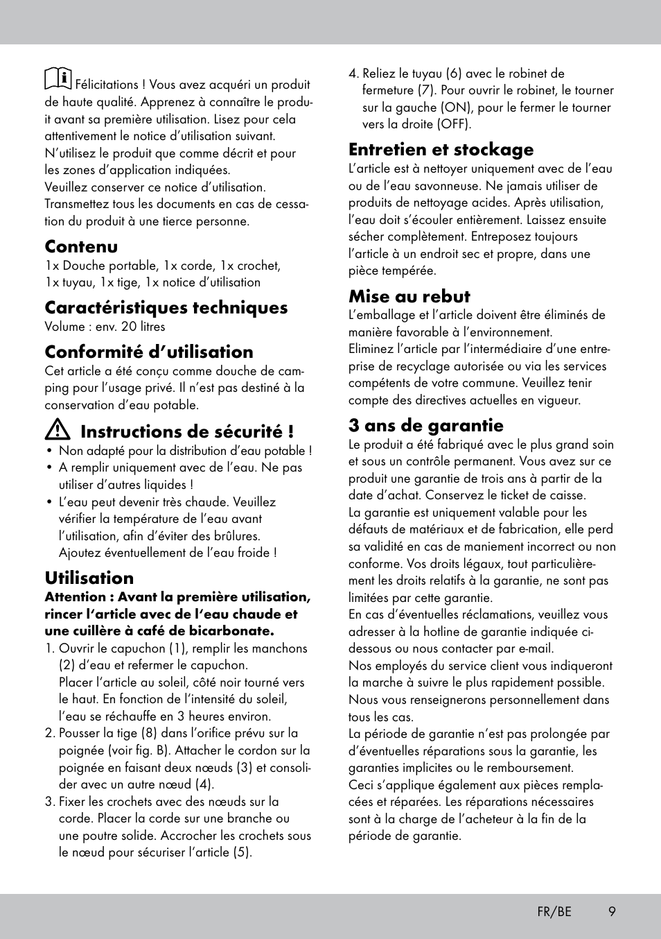 Contenu, Caractéristiques techniques, Conformité d’utilisation | Instructions de sécurité, Utilisation, Entretien et stockage, Mise au rebut, 3 ans de garantie | Crivit CS-1802 User Manual | Page 7 / 14