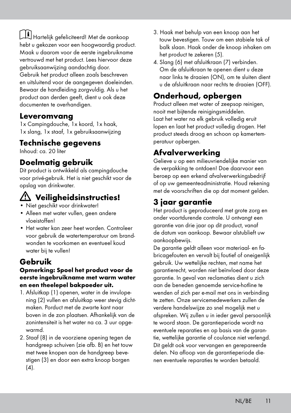 Leveromvang, Technische gegevens, Doelmatig gebruik | Veiligheidsinstructies, Gebruik, Onderhoud, opbergen, Afvalverwerking, 3 jaar garantie | Crivit CS-1802 User Manual | Page 9 / 14