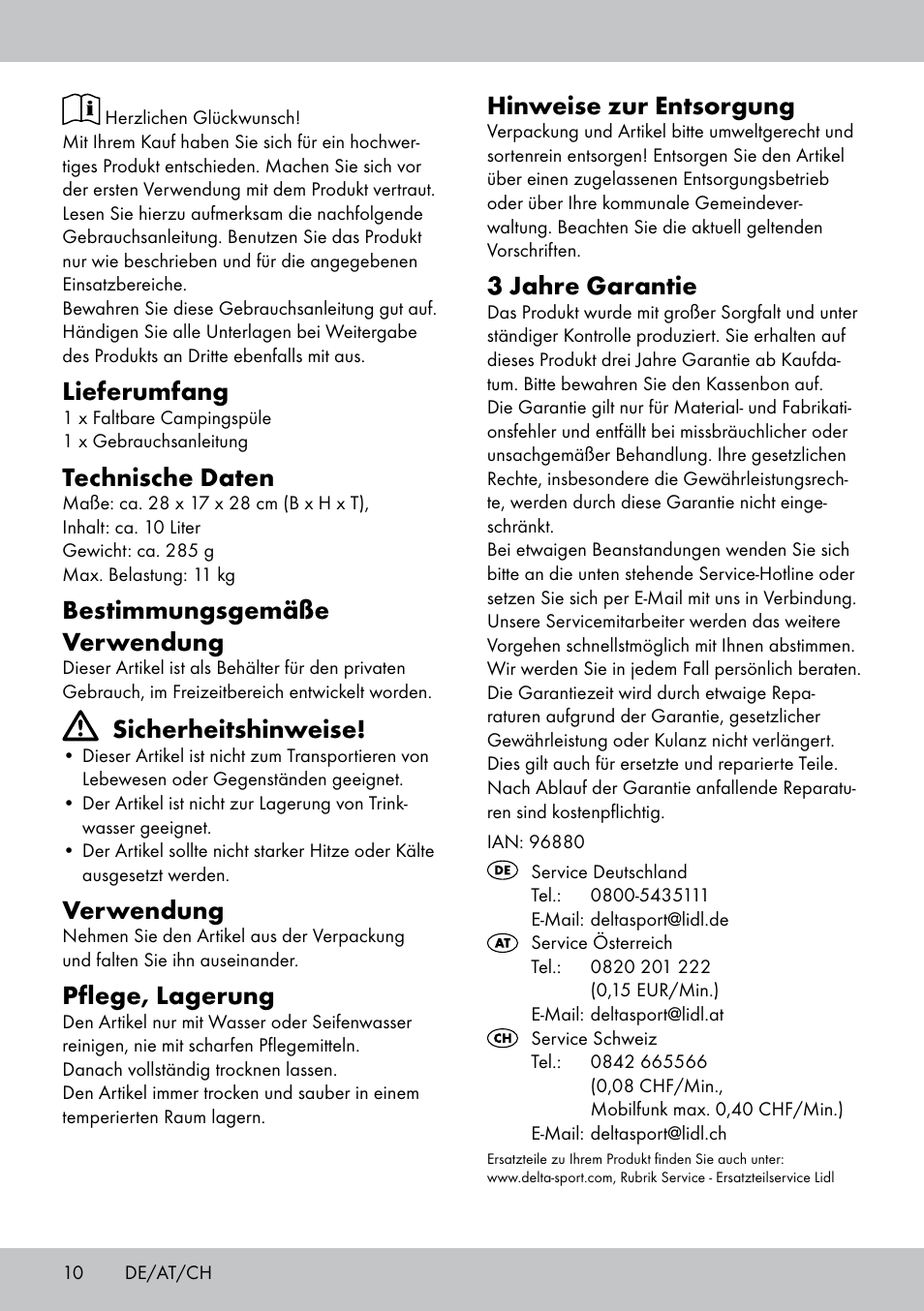 Lieferumfang, Technische daten, Bestimmungsgemäße verwendung | Sicherheitshinweise, Verwendung, Pflege, lagerung, Hinweise zur entsorgung, 3 jahre garantie | Crivit CS-1804 User Manual | Page 10 / 12