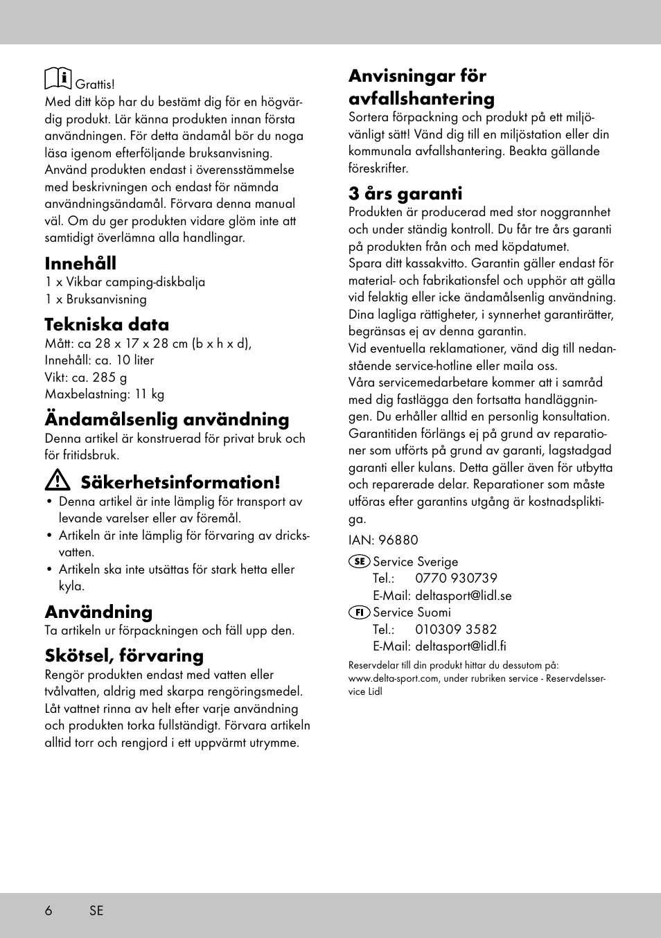 Innehåll, Tekniska data, Ändamålsenlig användning | Säkerhetsinformation, Användning, Skötsel, förvaring, Anvisningar för avfallshantering, 3 års garanti | Crivit CS-1804 User Manual | Page 6 / 12