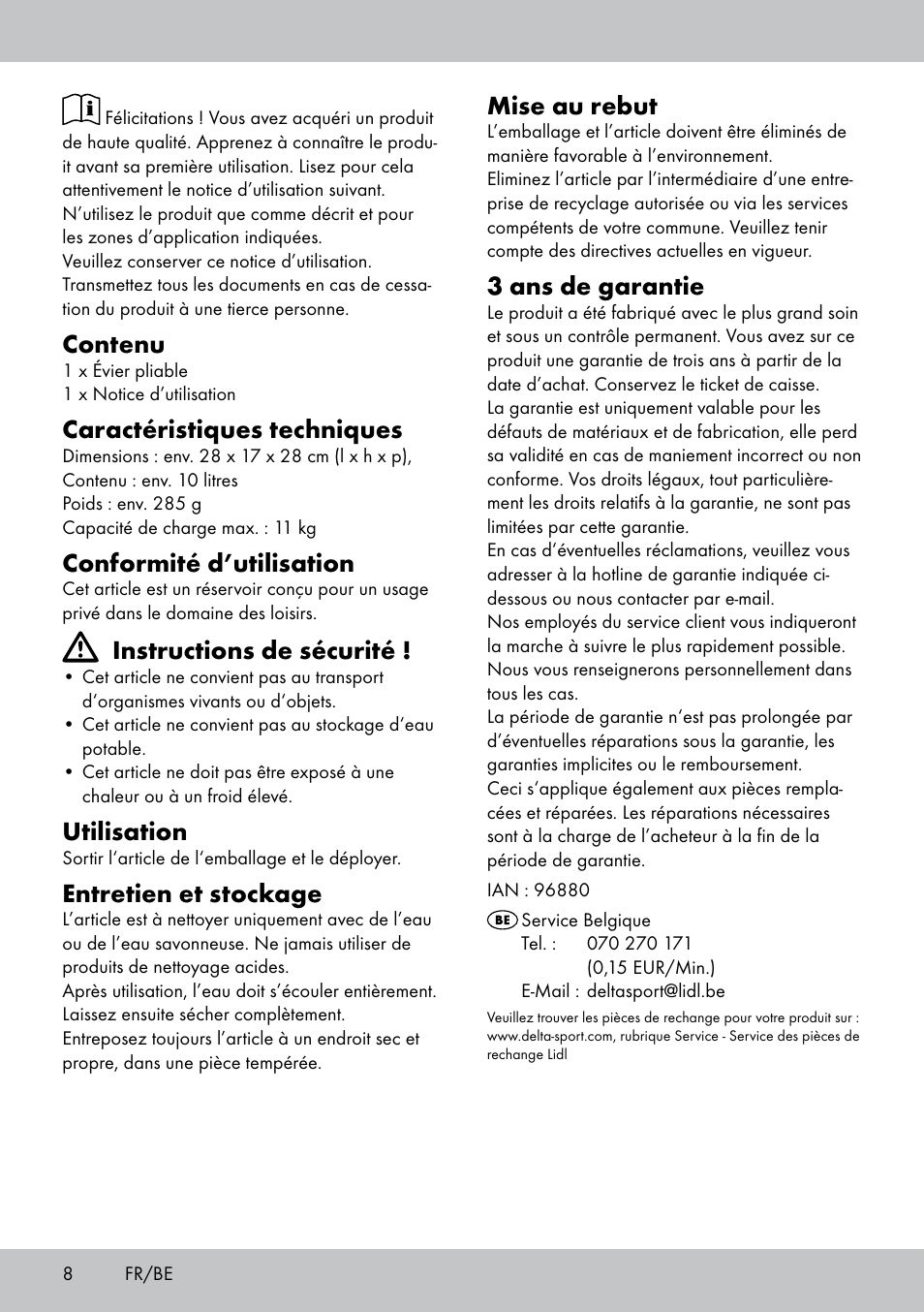 Contenu, Caractéristiques techniques, Conformité d’utilisation | Instructions de sécurité, Utilisation, Entretien et stockage, Mise au rebut, 3 ans de garantie | Crivit CS-1804 User Manual | Page 8 / 12